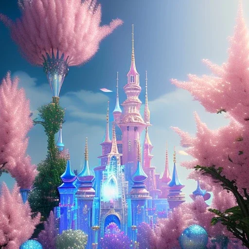 one crystal subtle castle blue and pink in a galactic ambiance , transparent petals, delicate colors, bin the foreground, full of details, smooth，soft light atmosphere, light effect，vaporwave colorful, concept art, smooth, extremely sharp, masterpiece, best quality, blue skinned, sparkling,8k, , sun light, 4K, RAW, depth of field,high contrast,