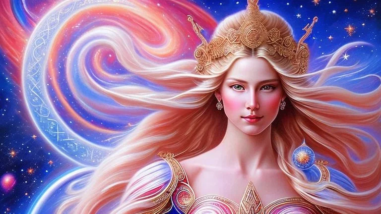 Create an image of a full body cosmic goddess. the goddess should be depicted as a beautiful and powerful figure, surrounded by cosmic stars. her hair should be long, blond and flowing, and she should be dressed in a flowing gown blue celestial robe. in the background, include imagery of pink flowers, blue sky, trees. the image should evoke a sense of joy, celebration, and spiritual connection to nature.