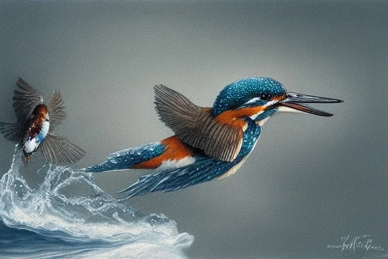 A beautiful kingfisher diving out of water, fish in beak. Waterpearls on feathers. Highly detailed, smooth colours, realistic landscape