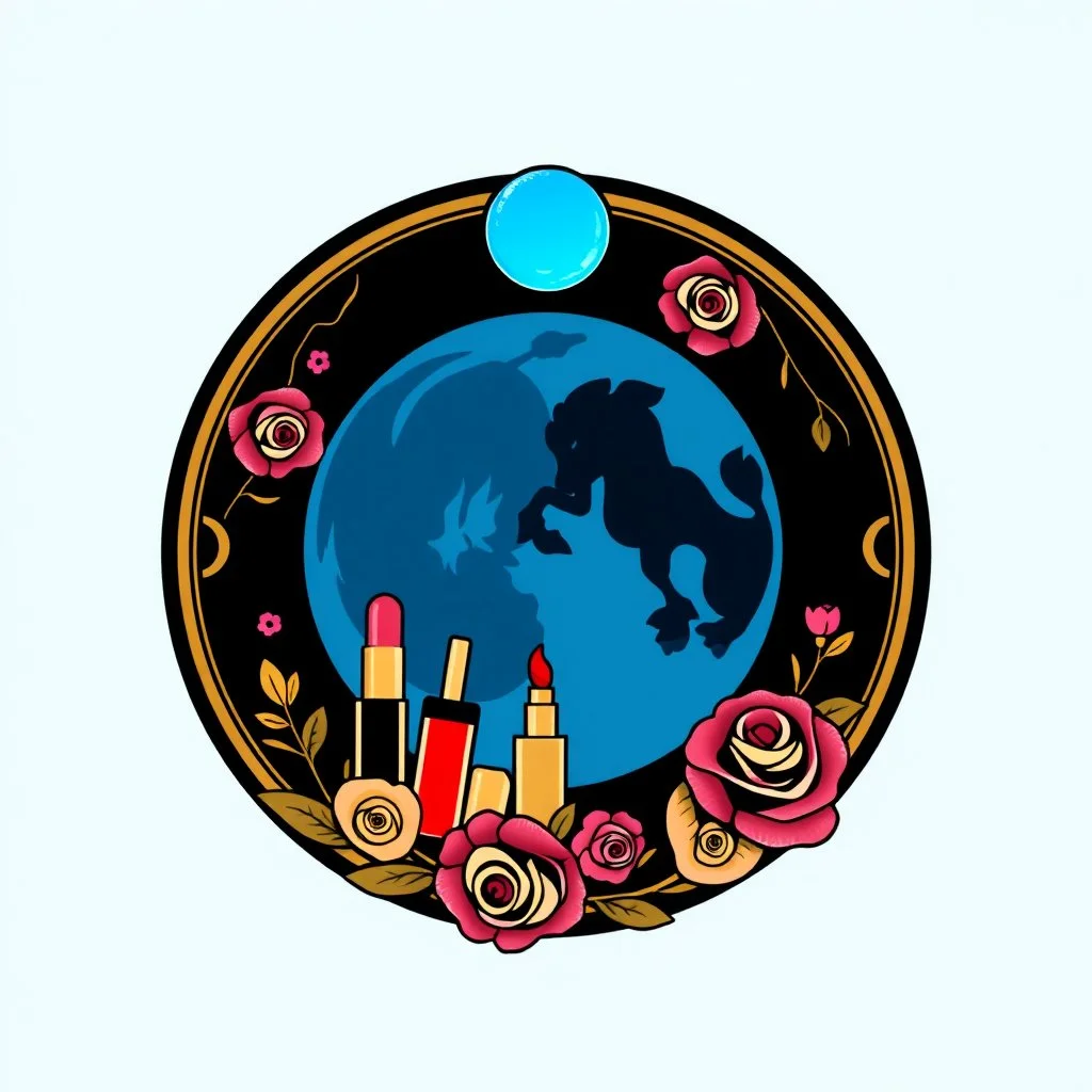 A circular logo designed for a cosmetics store with the symbol of the moon and the colors turquoise, indigo, red, gold and pink, a blue and black circle decorated with cosmetics and nail polish, lipstick, body spray and roses.
