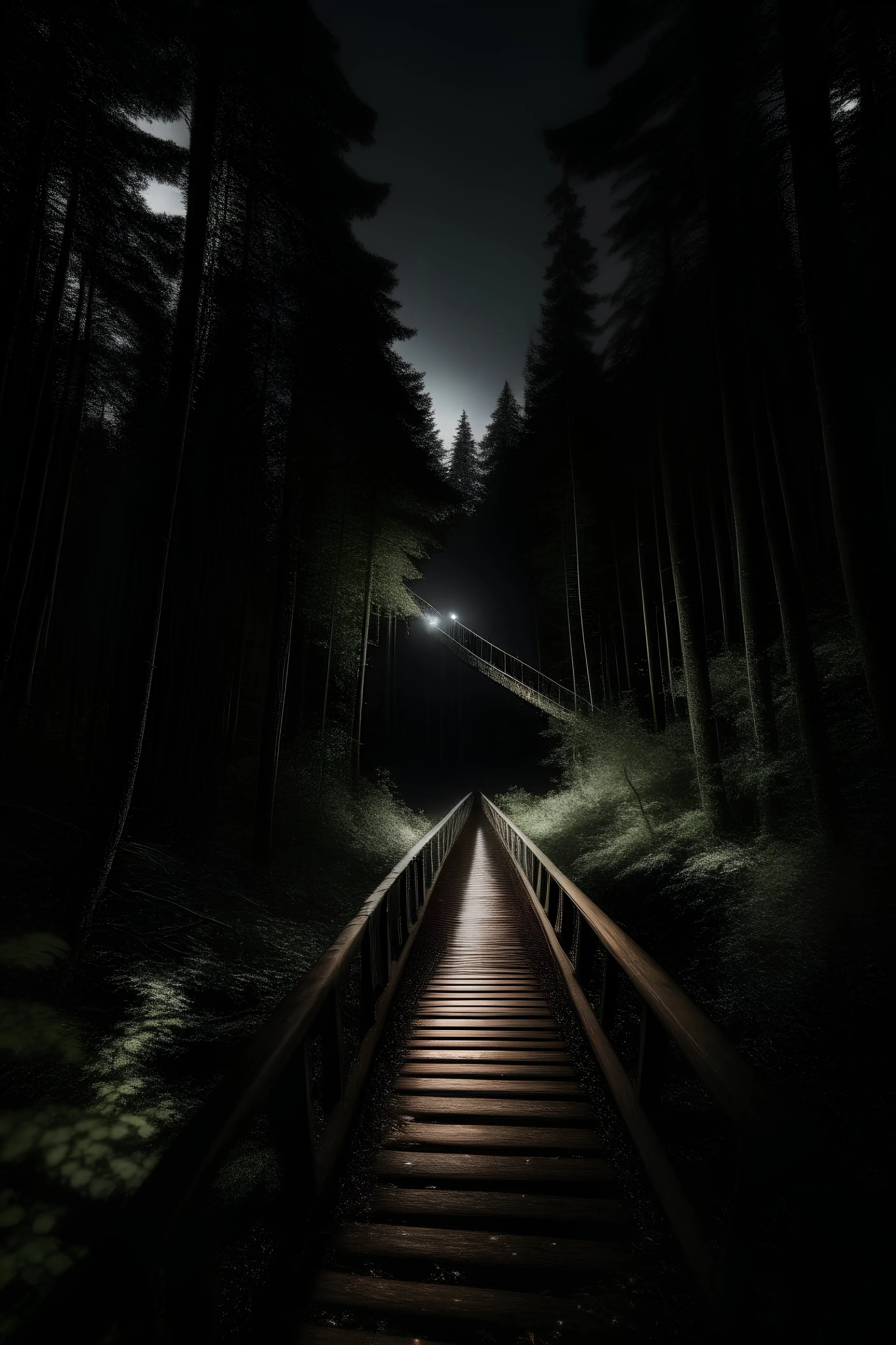 A wooden bridge in the forest at night