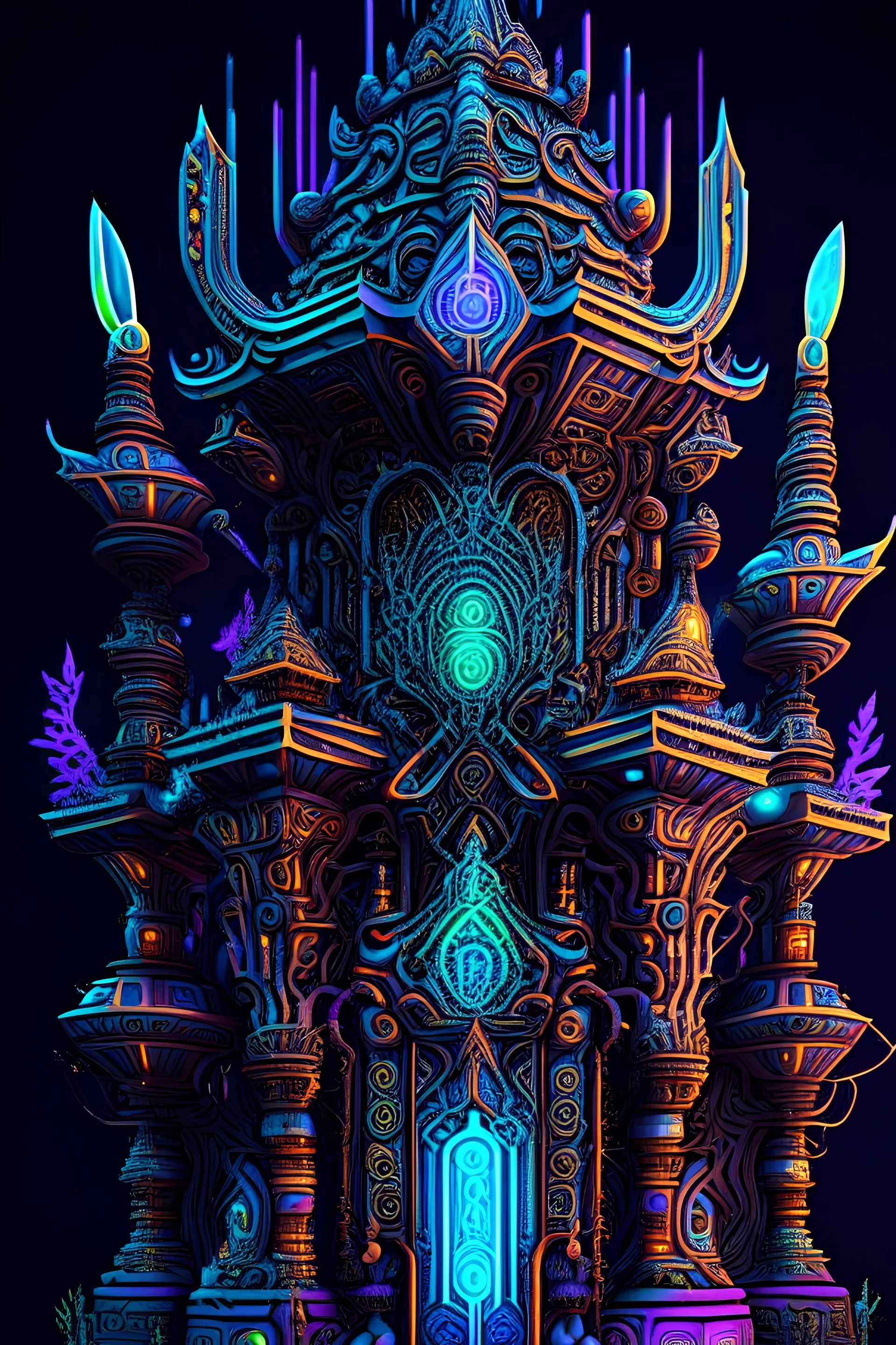 Expressively detailed and intricate 3d rendering of a hyperrealistic “neon ancient temple”: front view, shinning neon, tribalism, pillar, gothic, shamanism, cosmic fractals, dystopian, dendritic, stylized fantasy art by Kris Kuksi, mati klarwein, artstation: award-winning: professional portrait: atmospheric: commanding: fantastical: clarity: 16k: ultra quality: striking: brilliance: stunning colors: amazing depth: masterfully crafted.