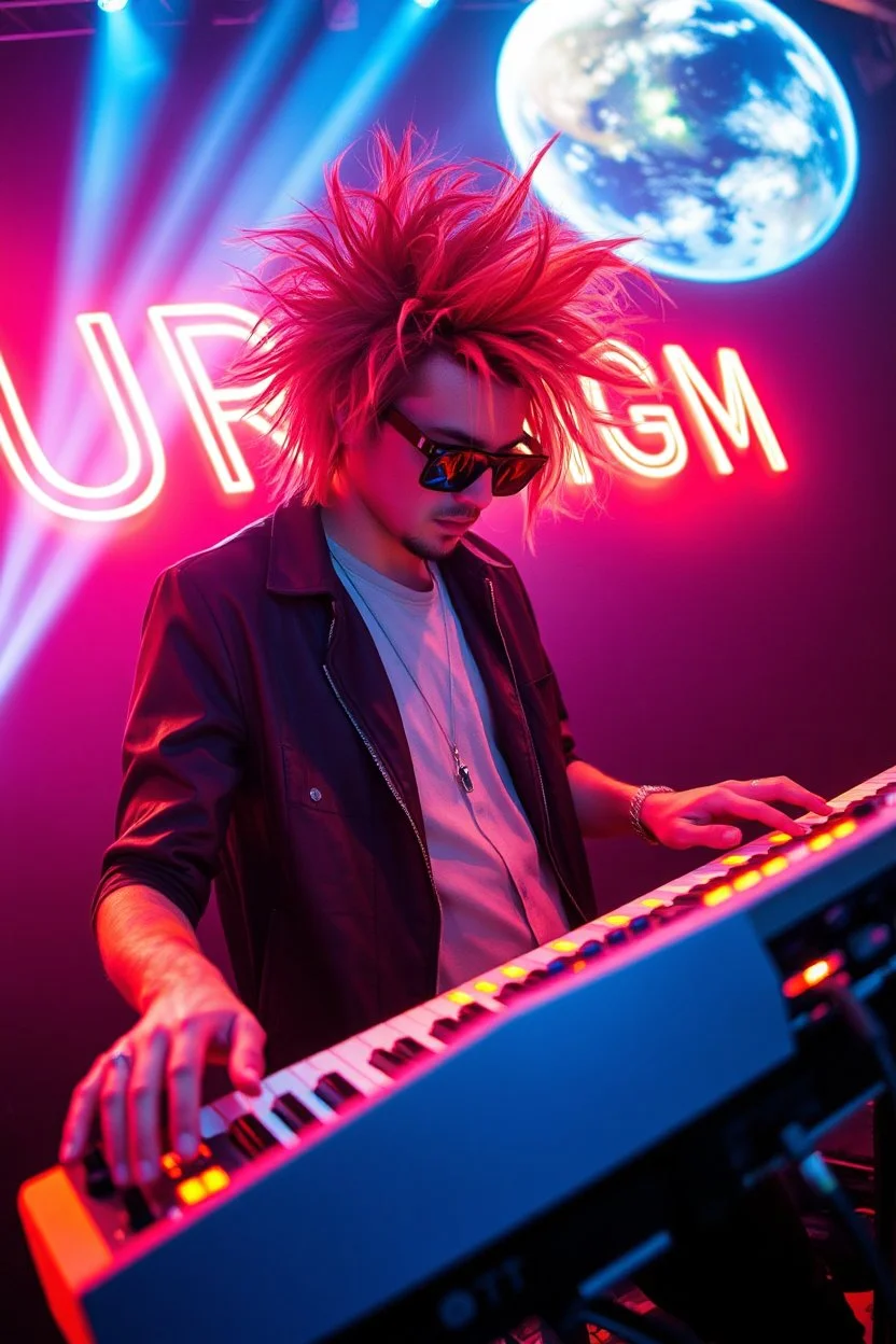 French cool synth player with crazy techno acid hair, he is called "Jean-Maurice Brûlée" performing at dance club, his name is "Jean-Maurice Brûlée" , white and orange Neon lights and oraNGE smog, and "URINIUM" big sign on the wall, he is playing on synthesizers on stage with lot of laser beams and wearing black sunglasses, an earth is projected in background