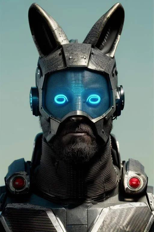 Medium Close Up Portrait, Front image. cyborg, cyberpunk, rabbit mask, strong man, short hair and beard. Carbon suit army, leds. Red, blue, color. camouflage style. Color background, photo studio. highly detailed, concept art, smooth, unreal engine 5, ray tracing, RTX, lumen lighting, ultra detail, volumetric lighting, 3d, finely drawn, high definition, high resolution.