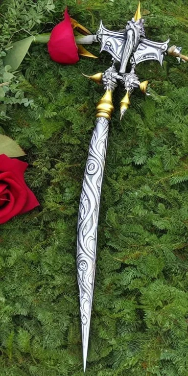 A large silver and Gold spear weapon covered in rose's and thorns, realistic, fantasy,