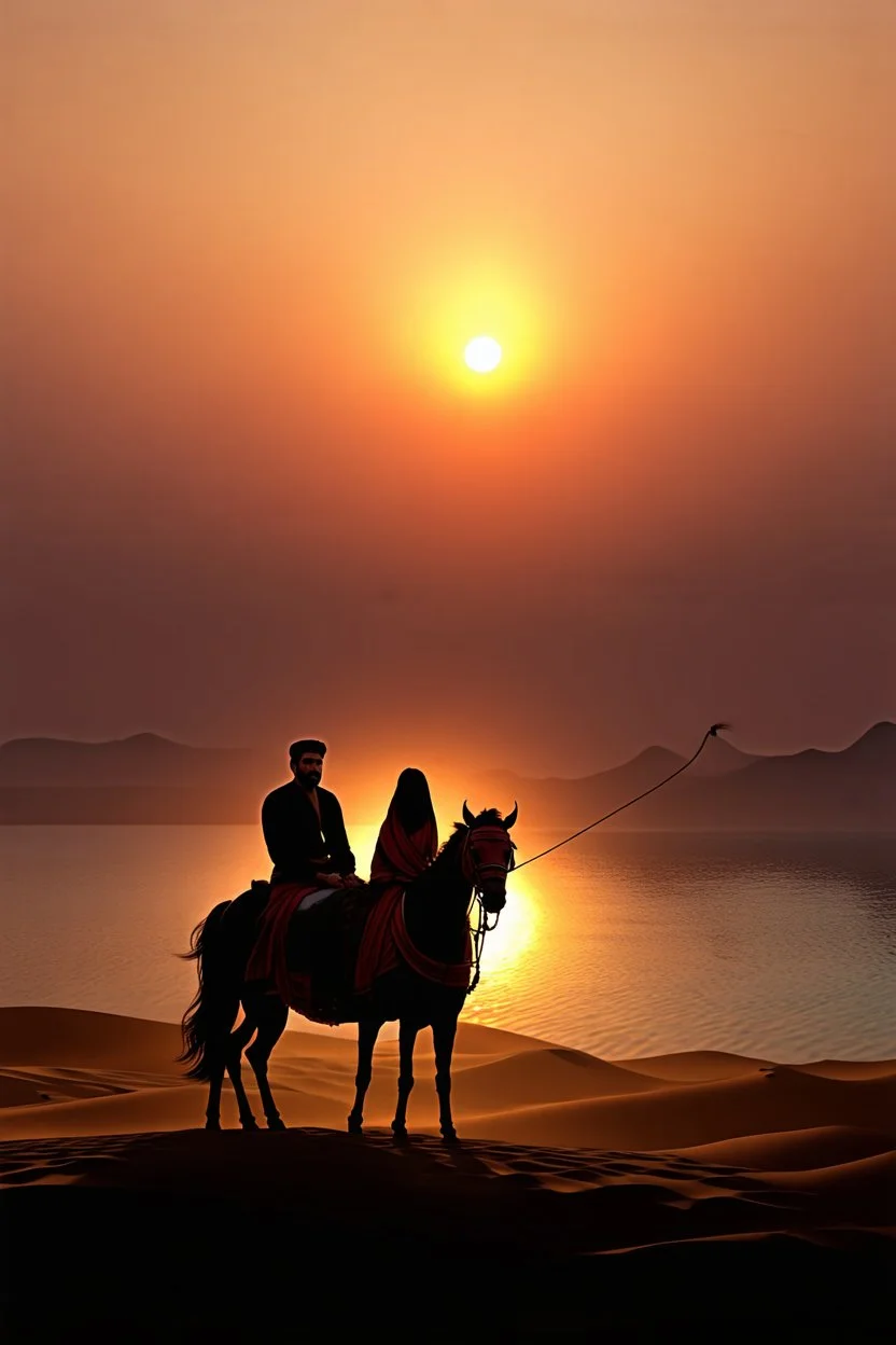 realistic photo, a beautiful Arabic Indian scene at sunset.