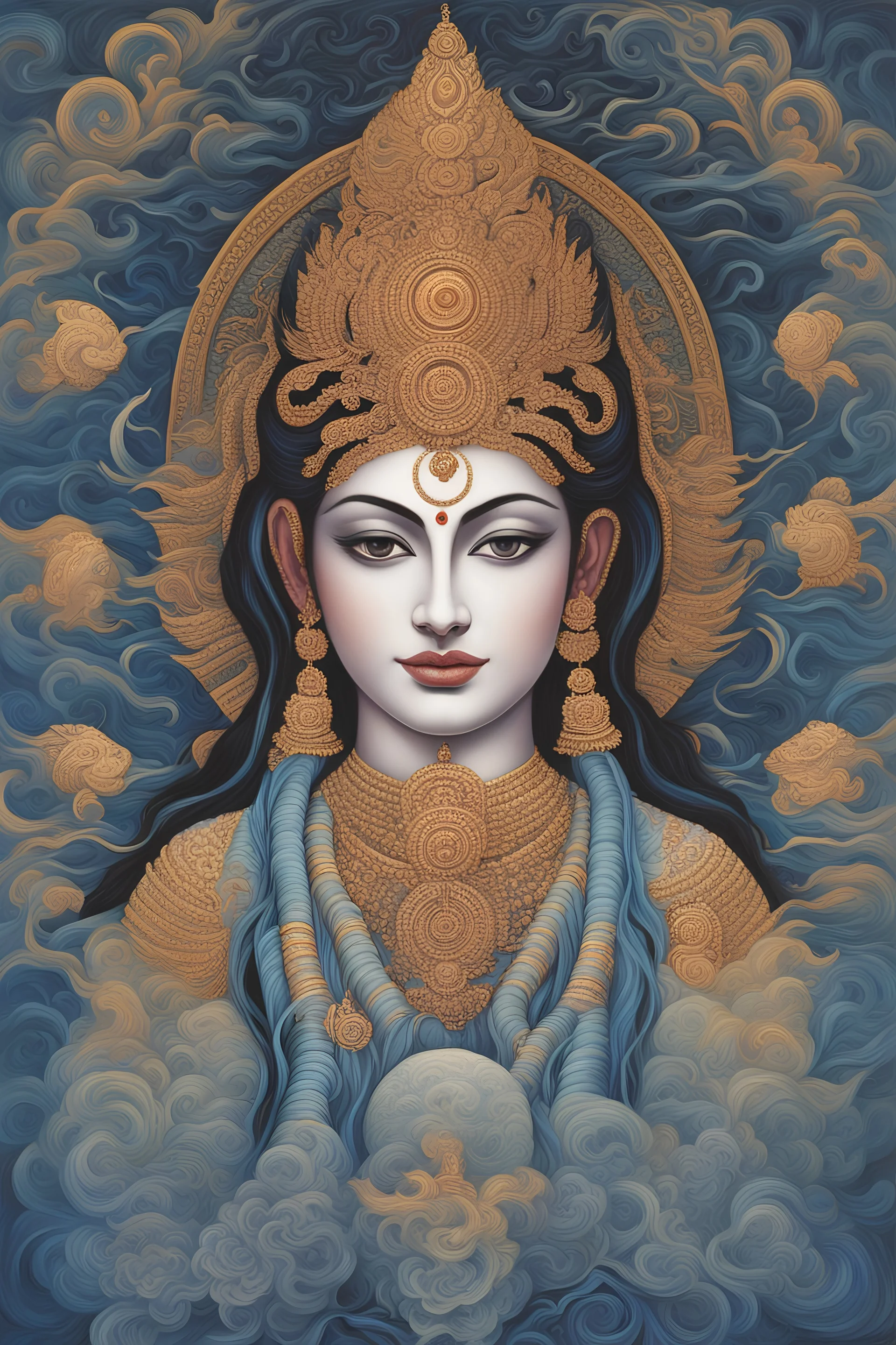 Portrait Art **Featured Art:** "Ripples of Reciprocity": Ardhanarishvara is depicted amidst a ripple effect, symbolizing the impact of collective action and reciprocity in society. **Appearance:** These portrait art ideas aim to embody the essence of Ardhanarishvara (a composite deity in Hindu mythology, comprising the masculine god Shiva and the feminine goddess Parvati. "the Lord who is half-woman" and symbolizes the union of the male and female aspects of the divine). endorsing universal righ