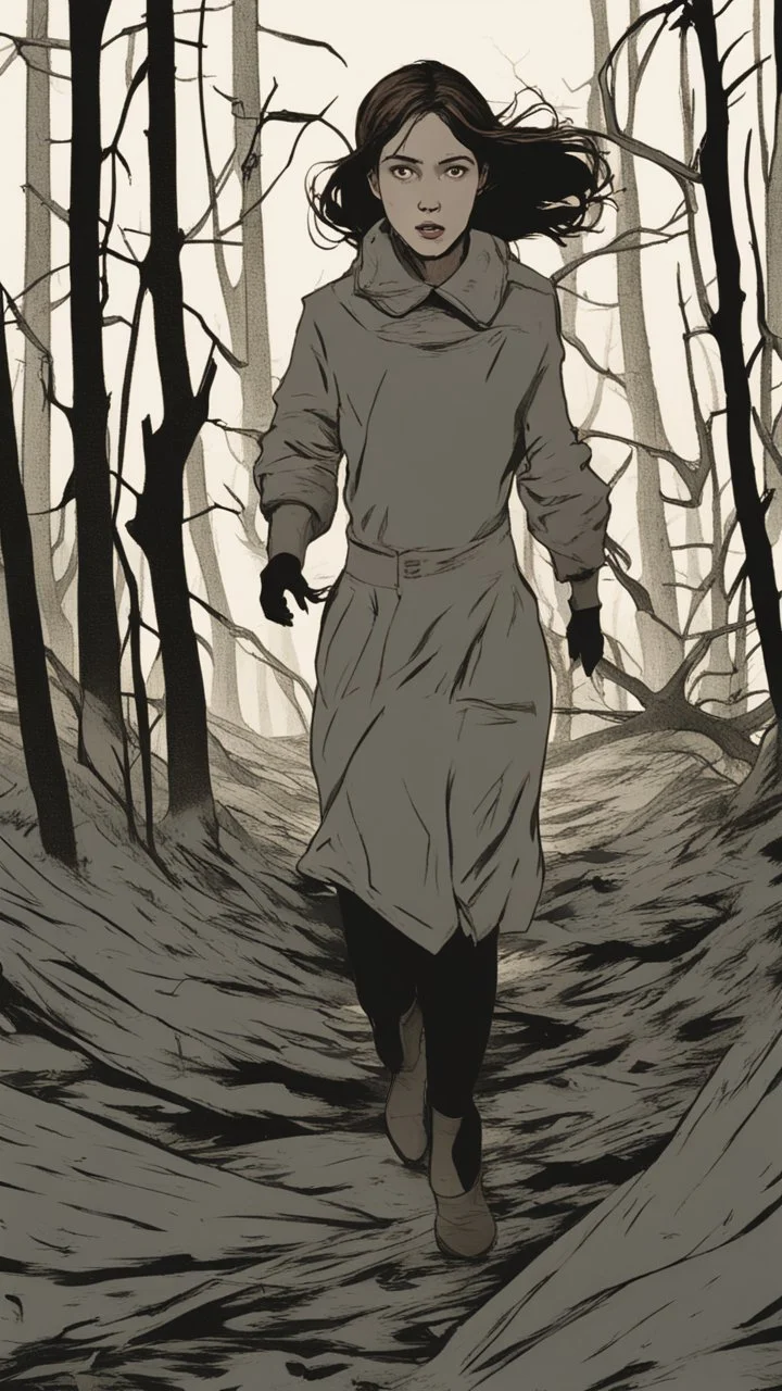 The young woman Lucy, dressed in modern attire, sprints through a barren and devastated forest. The trees are withered, the ground is littered with fallen branches, and an eerie silence hangs in the air.