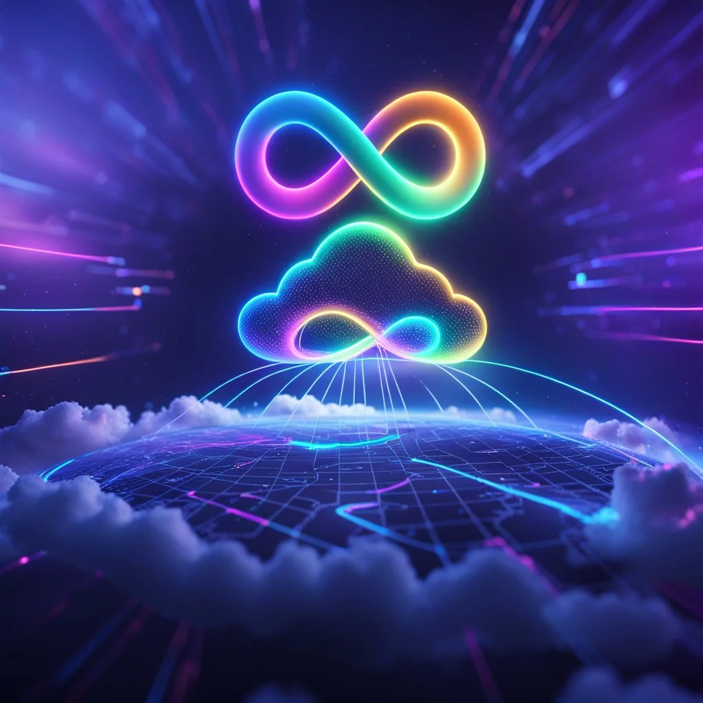 Colourful 3D glowing infinity symbol ∞, hovering above a colourful glowing cloud, network and lights coming from the cloud onto a futuristic map of the globe, inspiring, neon, glowing, friendly, beautiful, octane render, 8k post-production, artstation: award-winning: atmospheric: commanding: fantastical: clarity: 16k: ultra quality: striking: brilliance: liquid medium: stunning colors: amazing depth; lens: f/8, 28mm