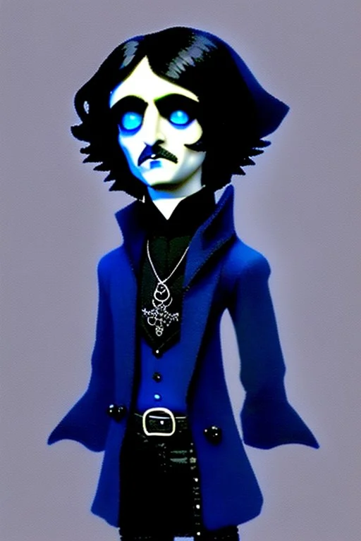 black haired blue-eyed young man necromancer goth gnome that looks like Edgar Alan Poe with gothic jewelry, in the style of Charles Addams