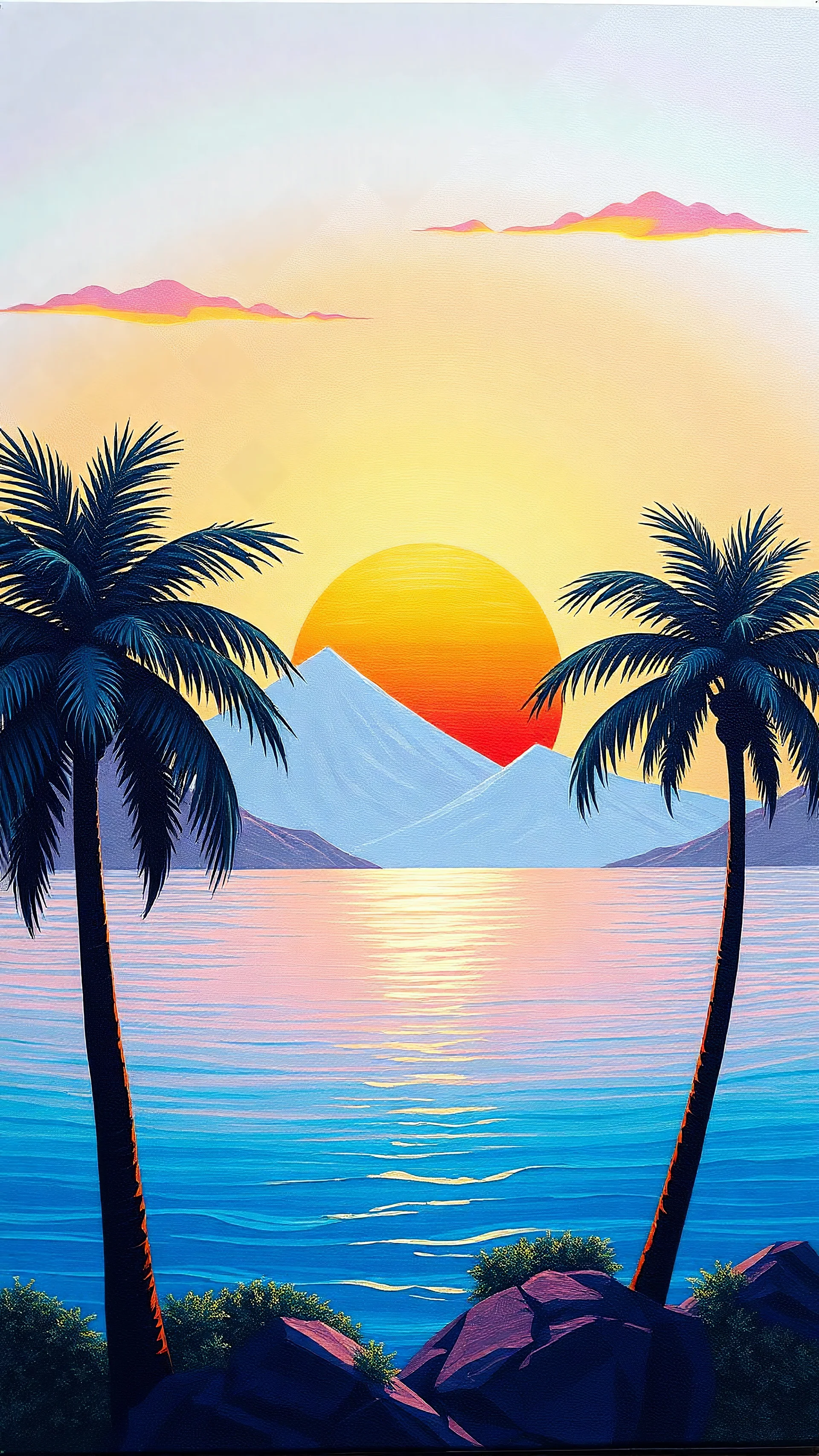 Oil on canvas, SILVER sunset with beside two palm tree displayed, vibrant colors, flat GLOSSY perspective, stylized pastal white mountains, stylized bodies of water, stylized sea water, simple shapes, stylized clouds, vibrant and detailed colors, soft lighting, digital art style, detailed terrain, simplified , flat design,WHITE