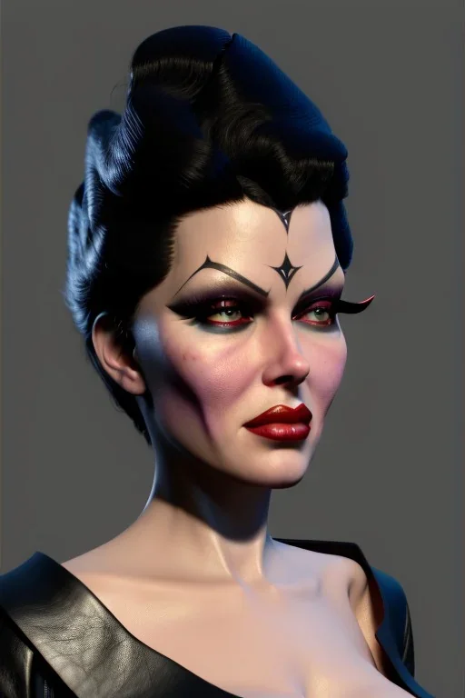 Lana Turner as evil queen in black leather, leather, busty, cleavage, angry, stern look. character design by cory loftis, fenghua zhong, ryohei hase, ismail inceoglu and ruan jia. unreal engine 5, artistic lighting, highly detailed, photorealistic, fantasy