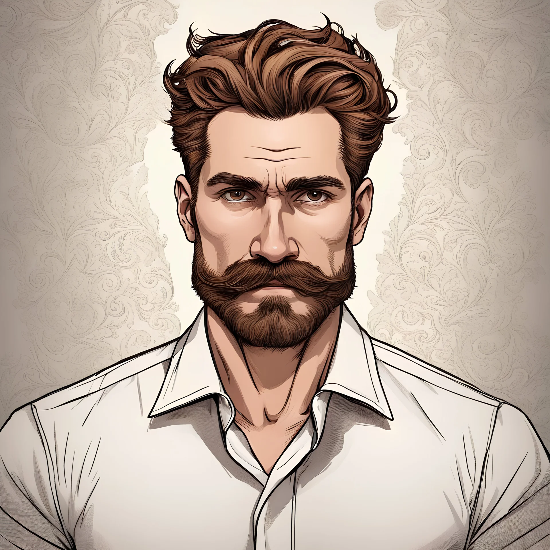 a portrait of man wearing formal shirt. wavy dark auburn medium hair. lighter skin. black eye pupils. big nose. german character. detailed. high tense background. mustach and well kept beard