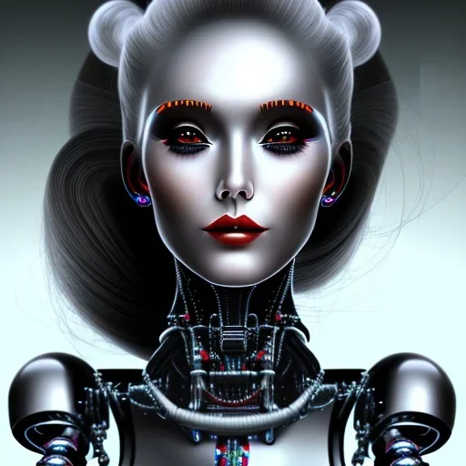 black long hairs smiling lady robot top on Mars