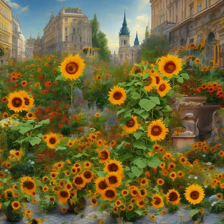 Sunflowers in the foreground of street in Vienna Austria