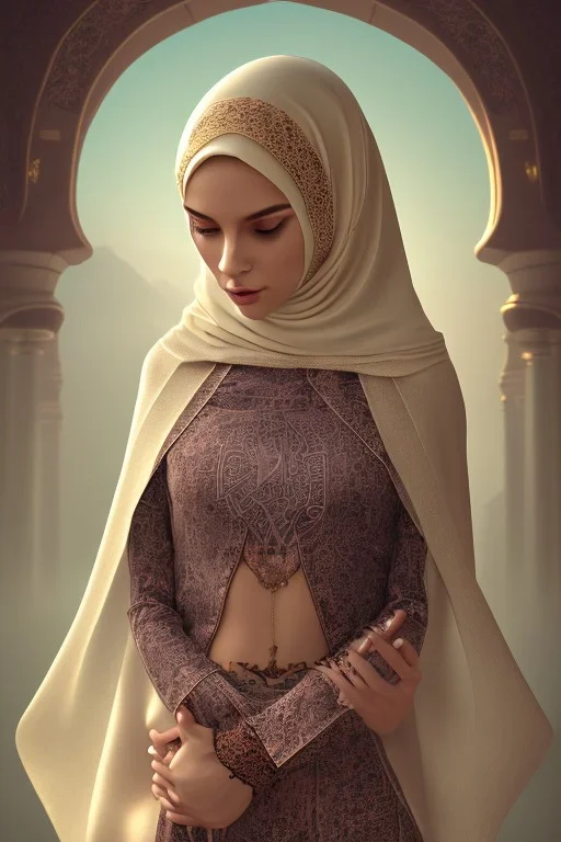 mø, high light, hijab, covered head, mosque background, prayer