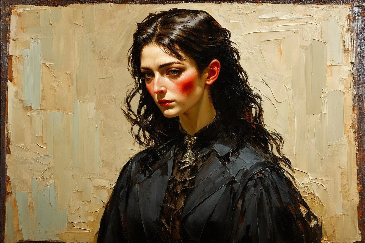 Egon Schiele, Andrea Kowch, Jean-Giraud Moebius, figurative abstract expressionist art, somber Gothic female vampire sorceress,full body portrait perfection,abstract painting ,acrylic art,oil paint,sharp brush strokes, fine palette knife, highly detailed hair and facial features, rugged skin tones, subdued natural colors, museum quality render