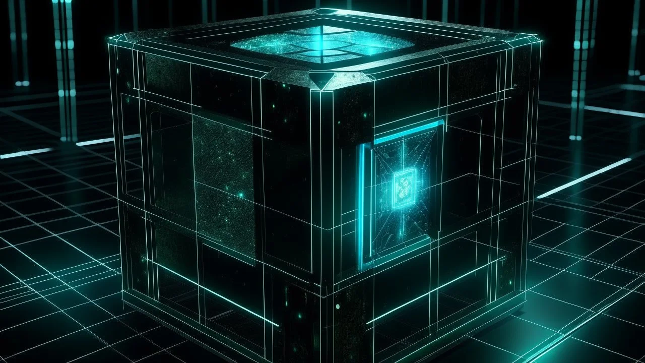 Cube tesseract from movie Loki. Located strictly in the middle of picture with space around it and with navy blue/green glow inside tesseract. Without surface/table on which it stay. Will be used for 404 error page.