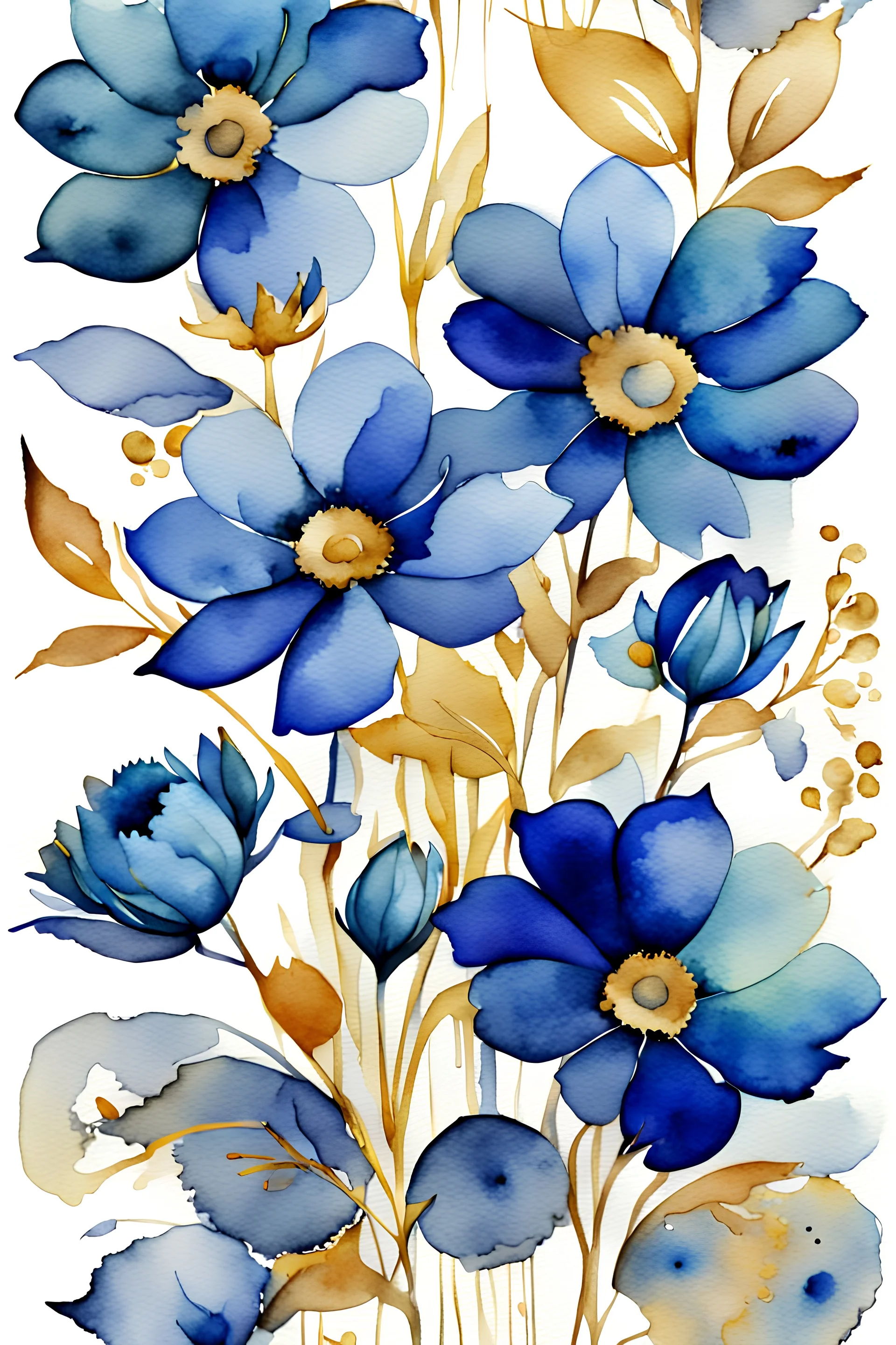 watercolor abstract big BLUE flowers with golden outlines on white background