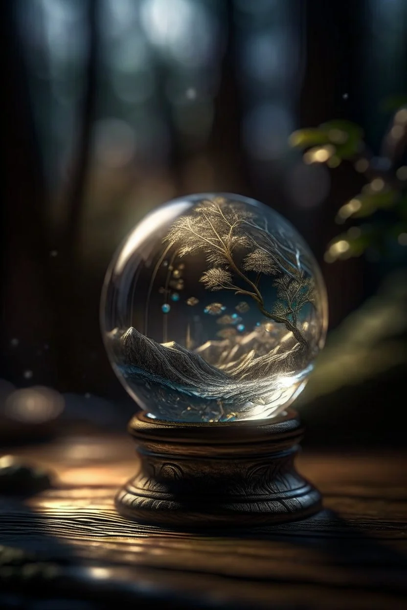 My Soul, Guide, Galactic - that will represent the Higher self and the lineage of the light inside a boat crystal ball hanging from a tree in the mountain , shot on Hasselblad h6d-400c, zeiss prime lens, bokeh like f/0.8, tilt-shift lens 8k, high detail, smooth render, down-light, unreal engine, prize winning