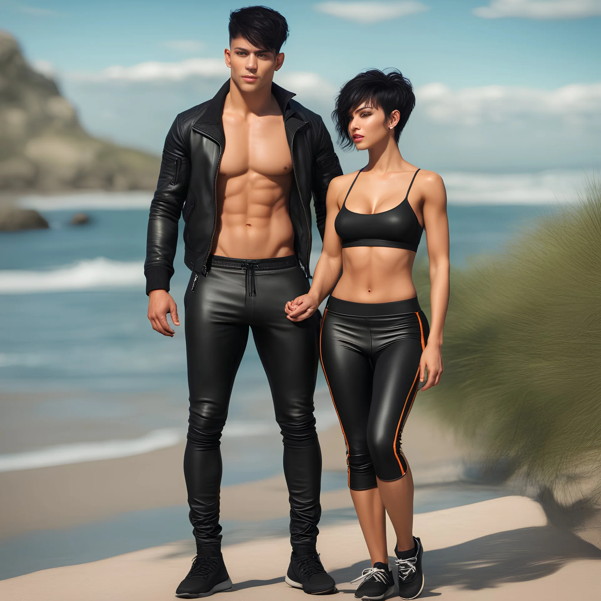 An extremely muscular young man with pixie-cut black hair, wearing a black leather jacket and pants, standing next to a beautiful woman with black hair who is wearing a black two-piece bathing suit with a perfect shaped body, and a perfect face, 4k, 8k, 32k UHD, Hyper realistic, extremely colorful, vibrant, photorealistic, realistic, sharp, highly detailed, professional quality, beautiful, awesome, majestic, superb, trending on artstation, pleasing, lovely, Cinematic,