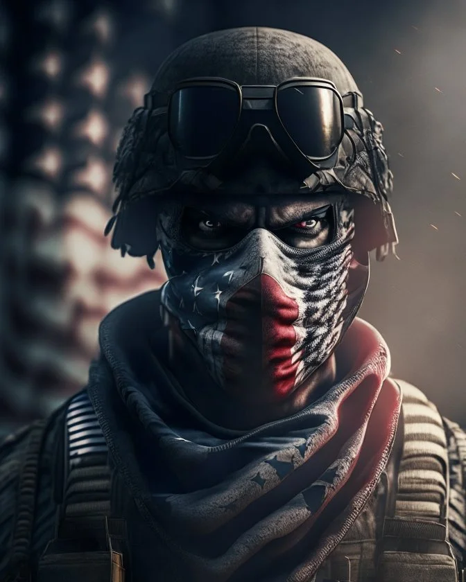 The United States of America personified as a villain, Cinematic style, Blurred background, High Detail, HR, Dark Background, realistic physics, photorealistic, ray tracing, unreal engine, HDR, 8K, USA, Terrorist, masked American, war background, scar faced, Berber