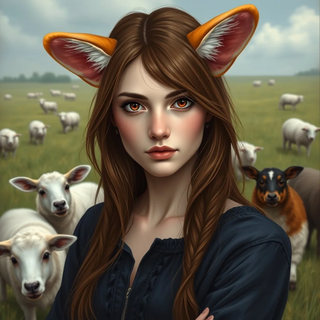 an arrogant, confident young woman with long brown hair, red eyes, pale skin, corgi ears and tail, sheep in a field for the background, intricately detailed, realistic