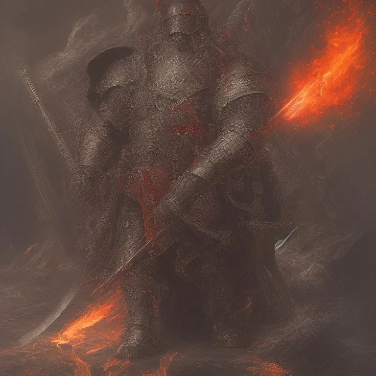 Knight guard far away. Shiny bright papper scroll. Weapon. Sharp. Damascus steel. Black. Technical details. Red. Doom dark. Meteorite. Fire.