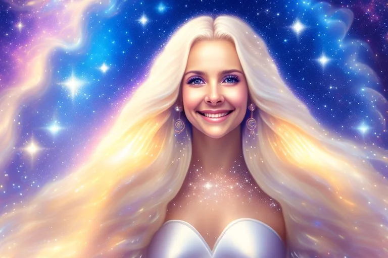 beautiful beautiful cosmic women with white long hair, smiling, with cosmic dress and bright earings. in the background there is a bautiful sky with stars and light beam