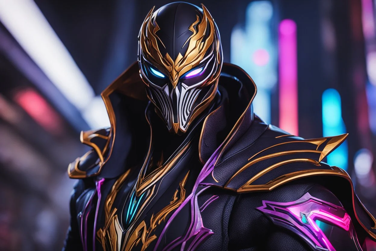 Jhin venom in 8k solo leveling shadow artstyle, mask, wapen, close picture, neon lights, intricate details, highly detailed, high details, detailed portrait, masterpiece,ultra detailed, ultra quality