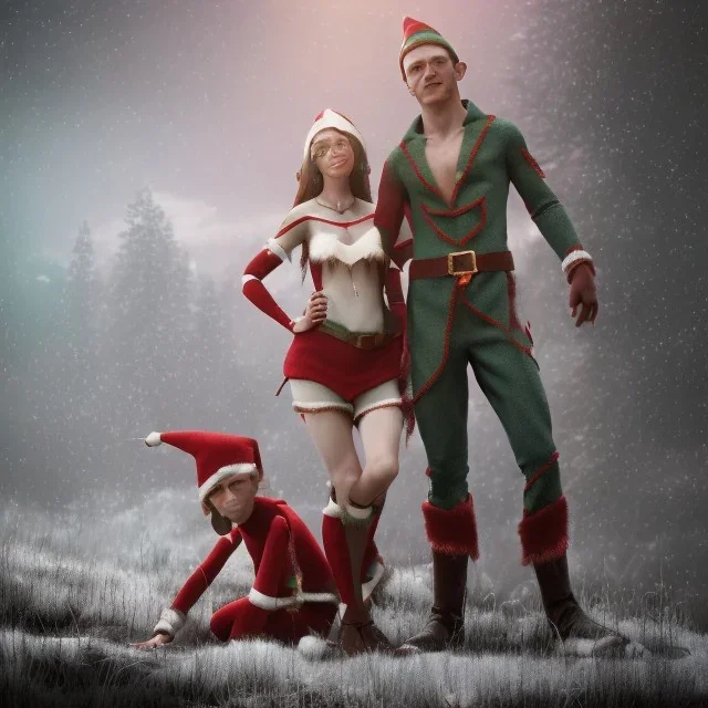 two elves. woman and man. Christmas scene. poster. marvel comic. low-key