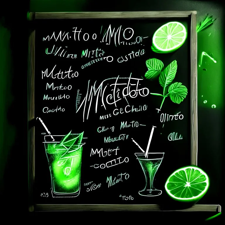 Drawing on a black chalkboard of a mojito cocktail with lime and mint. restaurant vibe. realistic.