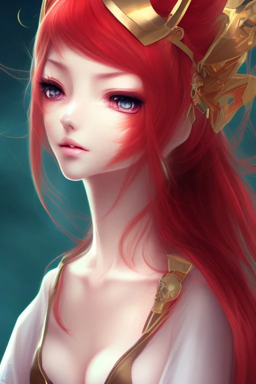 An anime adult female with red hair and gold eyes, fox ears