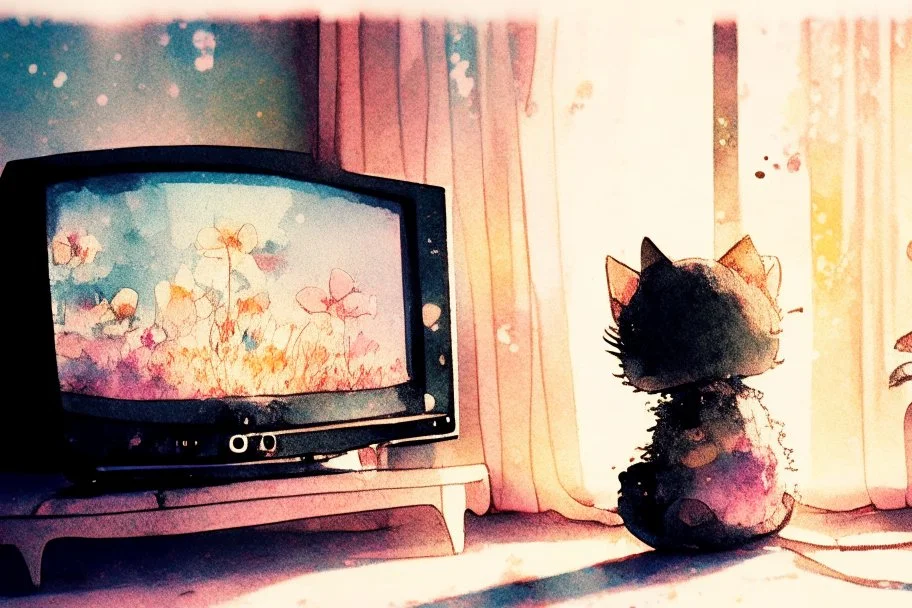 melting watercolor and black ink outlines on wet paper, shading colors, soft stokes, browned, faded, last century style photograph with knitted and embroidered cute chibi anime kitten watching tv in an elegant room, flowers, in sunshine, edges of image appear burnt, ethereal, cinematic postprocessing, bokeh, dof