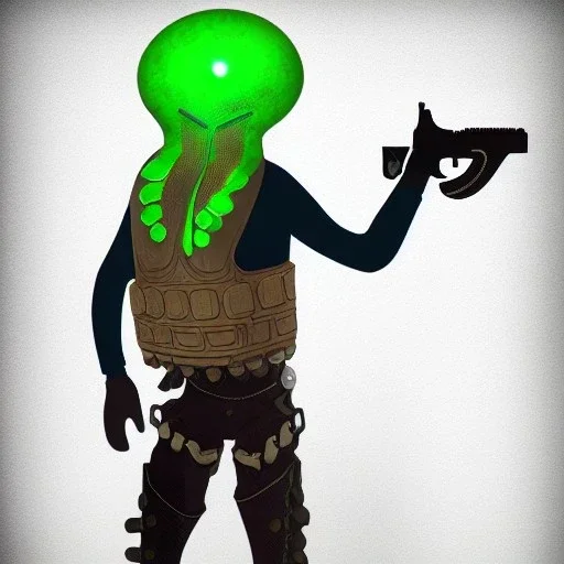 Alien, snake, metaljellyfishsombrero, vest, hands, holding gun, holster, steel military boots, squishy