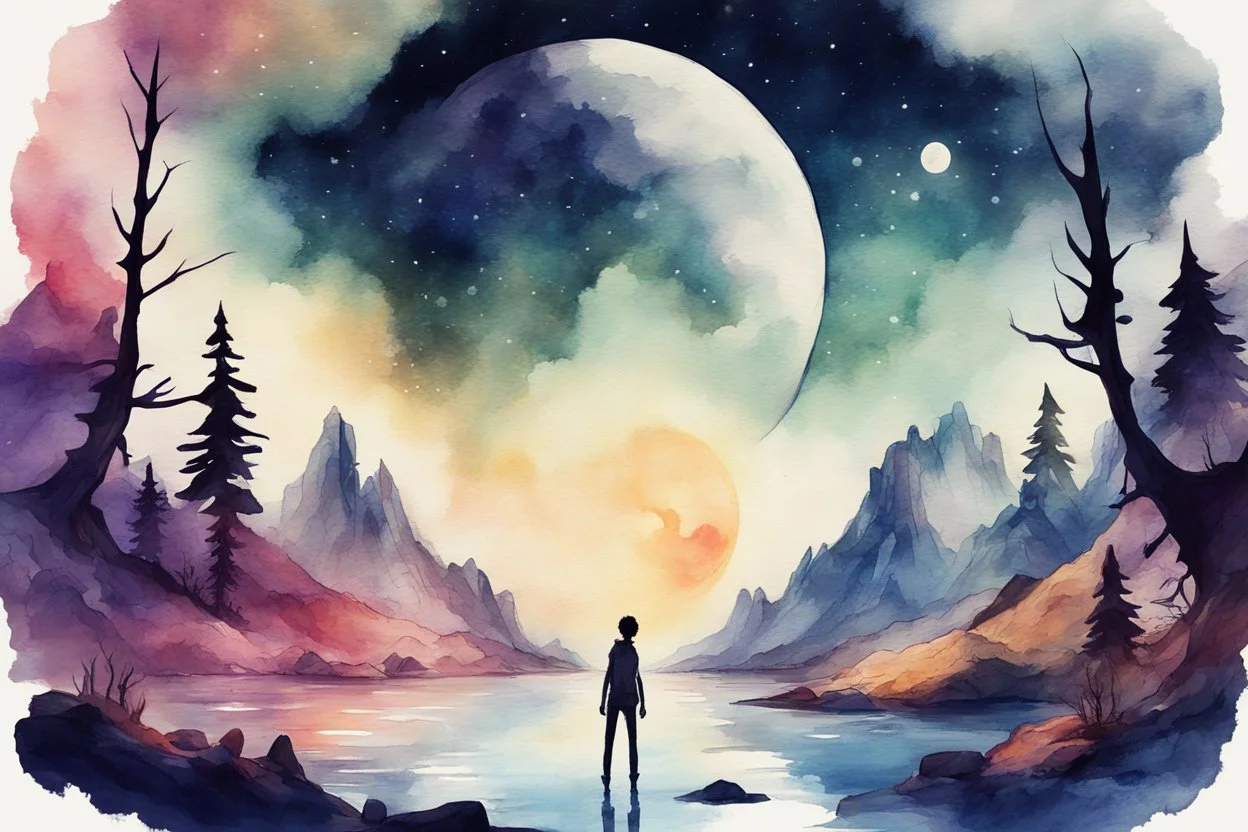 concept art water color style for teenagers in other planet watching the moon and mountains having adventure two teenagers mystery weird cretures trees exiting