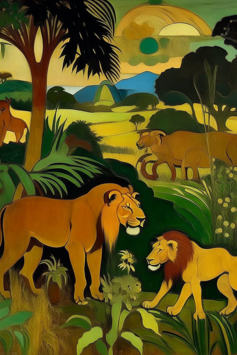 A mechanical savanna with lions painted by Paul Gauguin