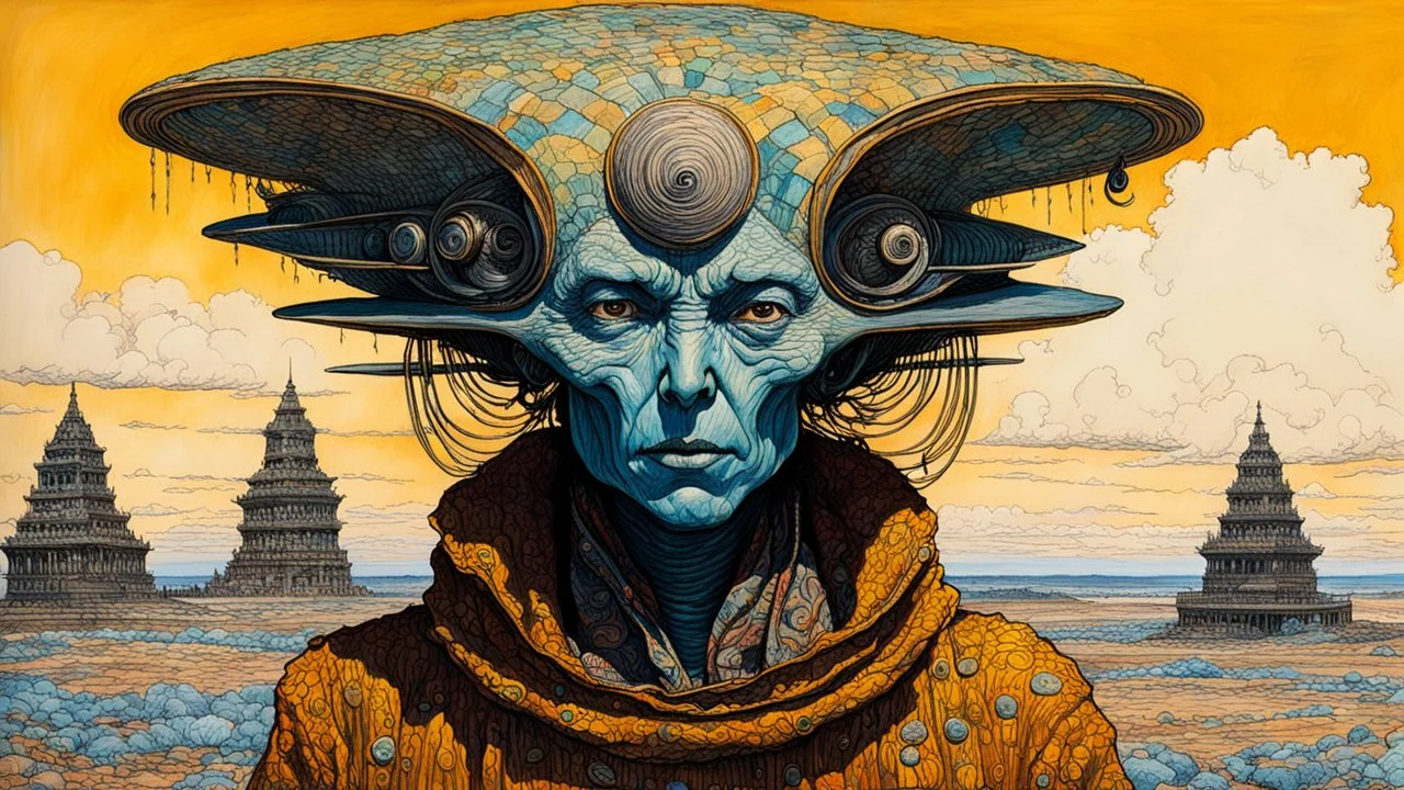 highly detailed, full body, ink oil portrait painting of an ancient, female alien traveler , in the impressionist style of Childe Hassam, mixed with art nouveau, abstract impressionism, the surrealism of Yves Tanguy, and the comic art style of Jean-Giraud Moebius, precise and sharply defined facial features, protective clothing , and skin textures, in subdued autumnal colors