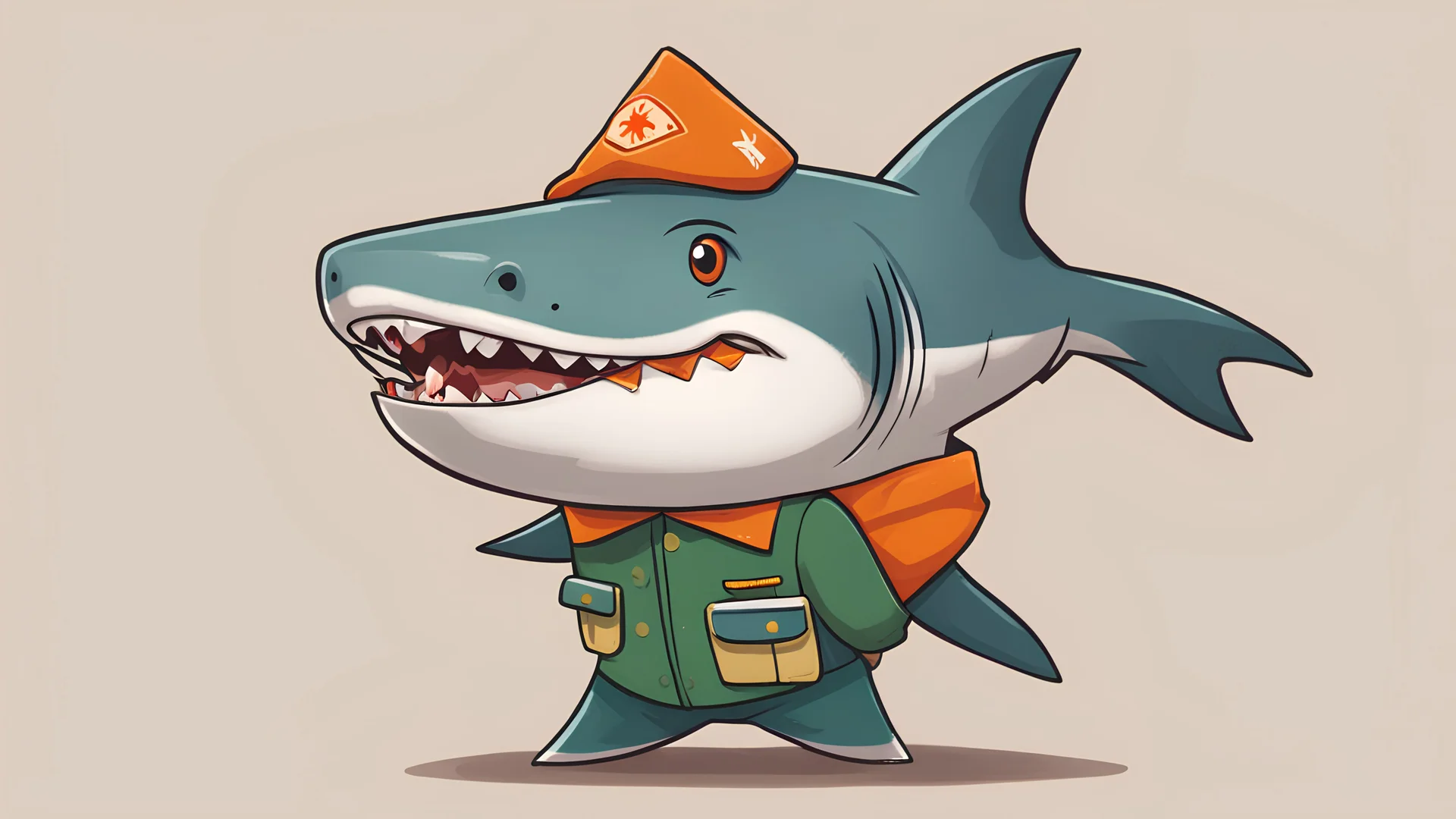 a cartoon shark wearing a green cub scout uniform with a orange and brown stripped neckerchief