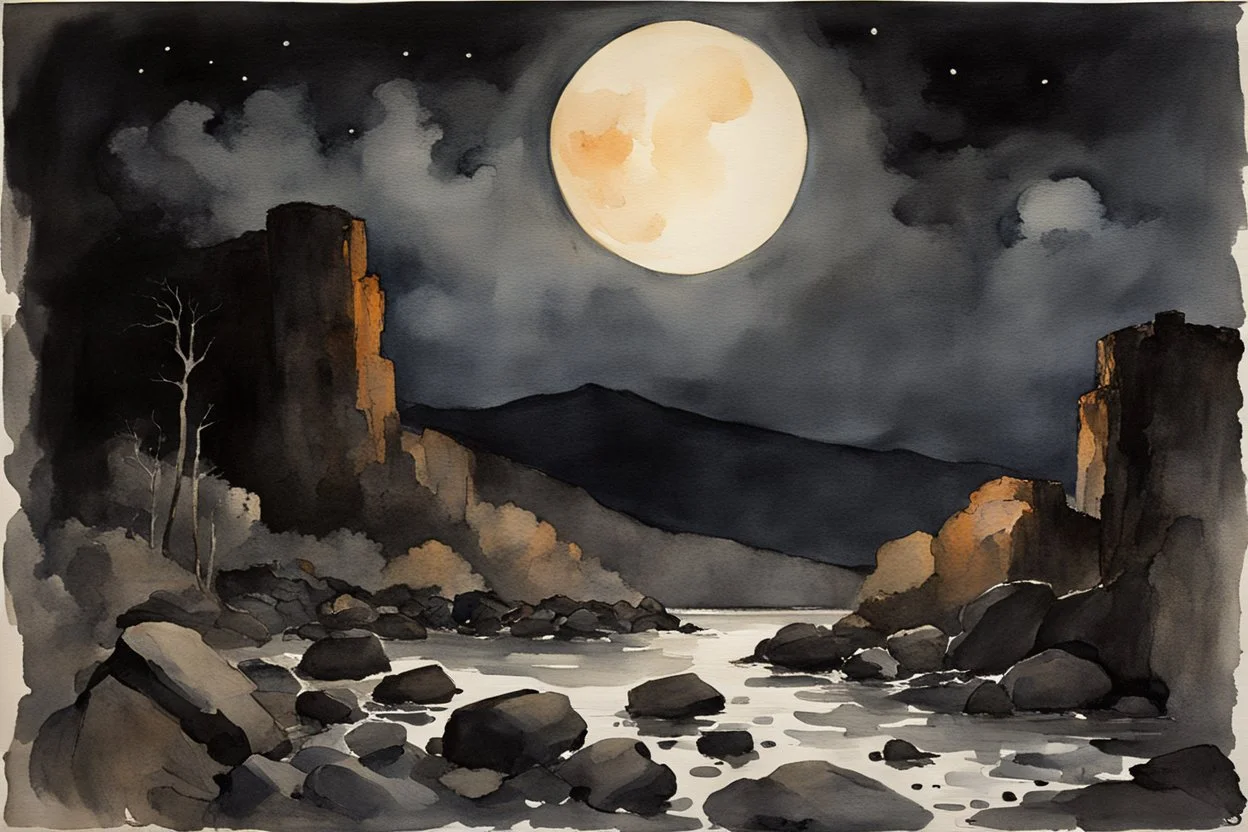 Night, mountains, rocks, gothic horror films influence, fantasy, winslow homer watercolor paintings