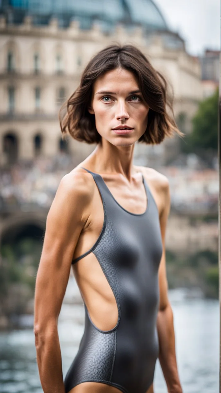 beautiful anorexic young woman, total shot, short shiny anthracite triathlon swimsuit, short brunette wavy bob hair, blurred city background