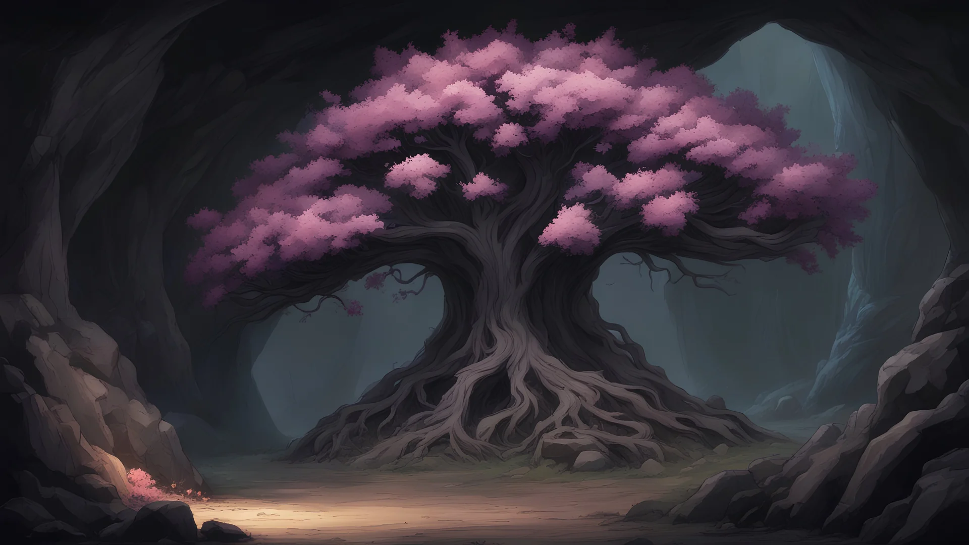 A fully bloomed tree at the base of a deep, dark, and expansive cave in the underdark