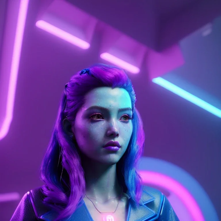 Pretty cyber woman, blue hair, sci-fi, sweet face, black, blue, pink, geisha style, symmetric plane, neon style, a lot of led lights, fog, rain, leather coat, vibrant color, highly detailed, art stations, concept art, smooth, unreal engine 5, god rays, ray tracing, RTX, lumen lighting, ultra detail, volumetric lighting, 3d, finely drawn, high definition, high resolution.