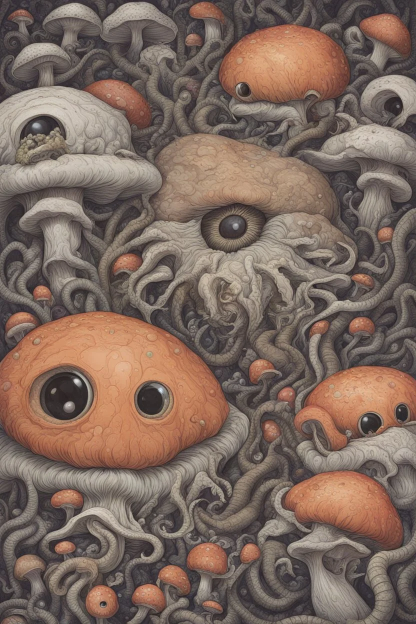 Looking into a black hole, hundreds of huge mushroom-shaped creatures with massive mouths, faceted eyes and tentacles.