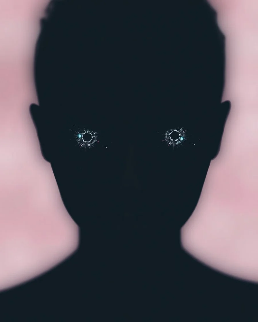 A surreal, abstract portrait featuring a dark, shadowy face with large, sparkling eyes that resemble galaxies. The background is a soft gradient of pink and white, creating a dreamlike atmosphere that contrasts with the starkness of the face. The overall effect is otherworldly and intriguing, inviting contemplation.