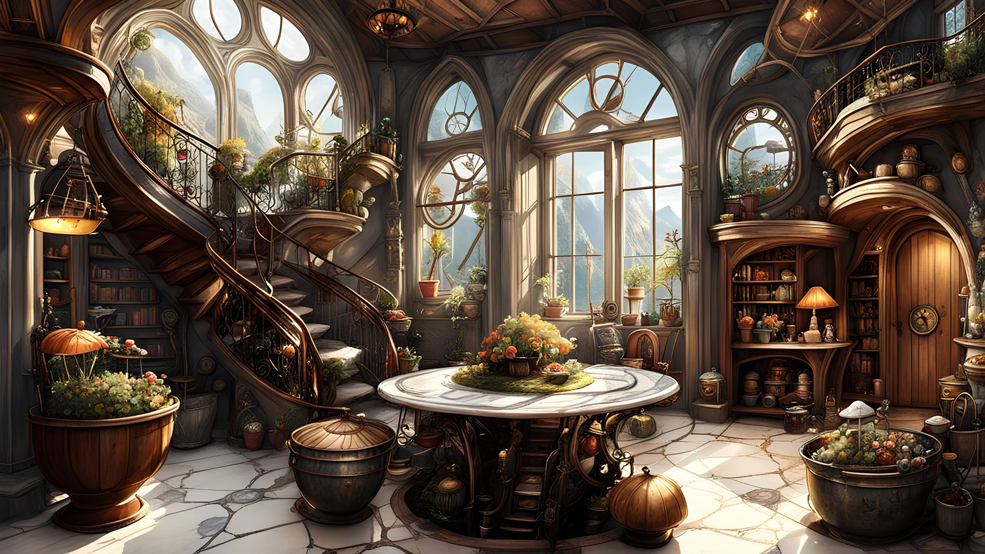 Marble steampunk nest, fantastic view, ultra-detailed John William Waterhouse, Inside a cute fairytale house, with mushroom chairs, flower pots everywhere, giant objects and furniture everywhere by alejandro burdisio, aleksi briclot, antonio j manzanedo, bastien lecouffe deharme, Clint Cearley, guweiz, huang guangjian, klaus wittmann, mark brooks, raymond swanland, todd lockwood, intricate, highly detailed, fantasy, artstation, pastel colours