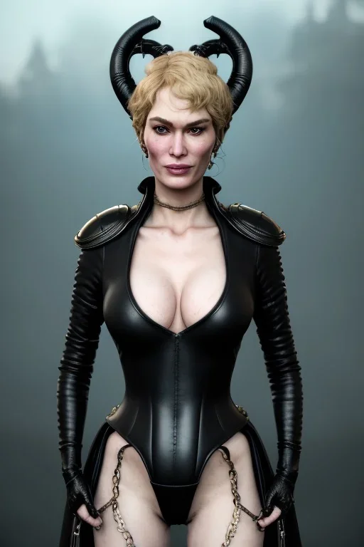 Cersei Lannister as evil dominatrix in black leather and high heeled boots, mistress, busty, cleavage, curvy, lena headay, angry, stern look. character design by cory loftis, fenghua zhong, ryohei hase, ismail inceoglu and ruan jia. unreal engine 5, artistic lighting, highly detailed, photorealistic, fantasy