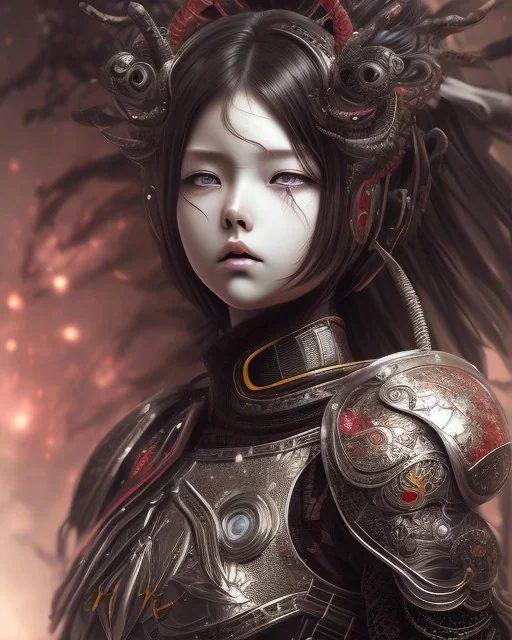 Detailed anime baby, dark brown hair, black and red dragon scale armour, intricate details, full body portrait, keep head in frame, slight smile, black Japanese motif, concept art, highly detailed, digital painting, concept art, sharp focus, illustration, art by Yoji Shinkawa, WLOP and greg rutkowski and alphonse mucha and artgerm and yanjun Chen and Junji ito and Makoto Shinkai, HDR, octane render