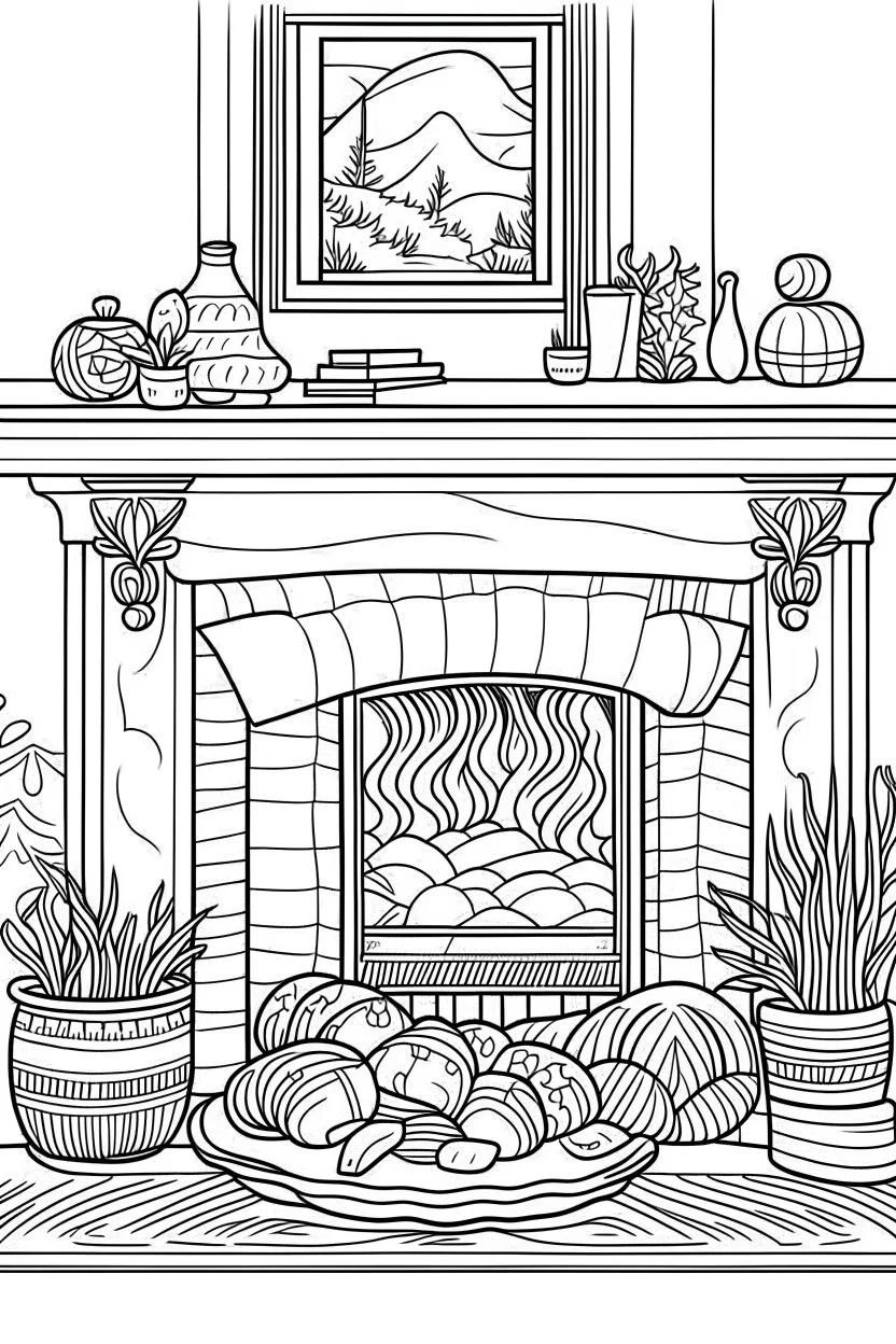 Cozy fireplace scene with stockings hung, clean line art, well outlined, white background, for kids coloring book.