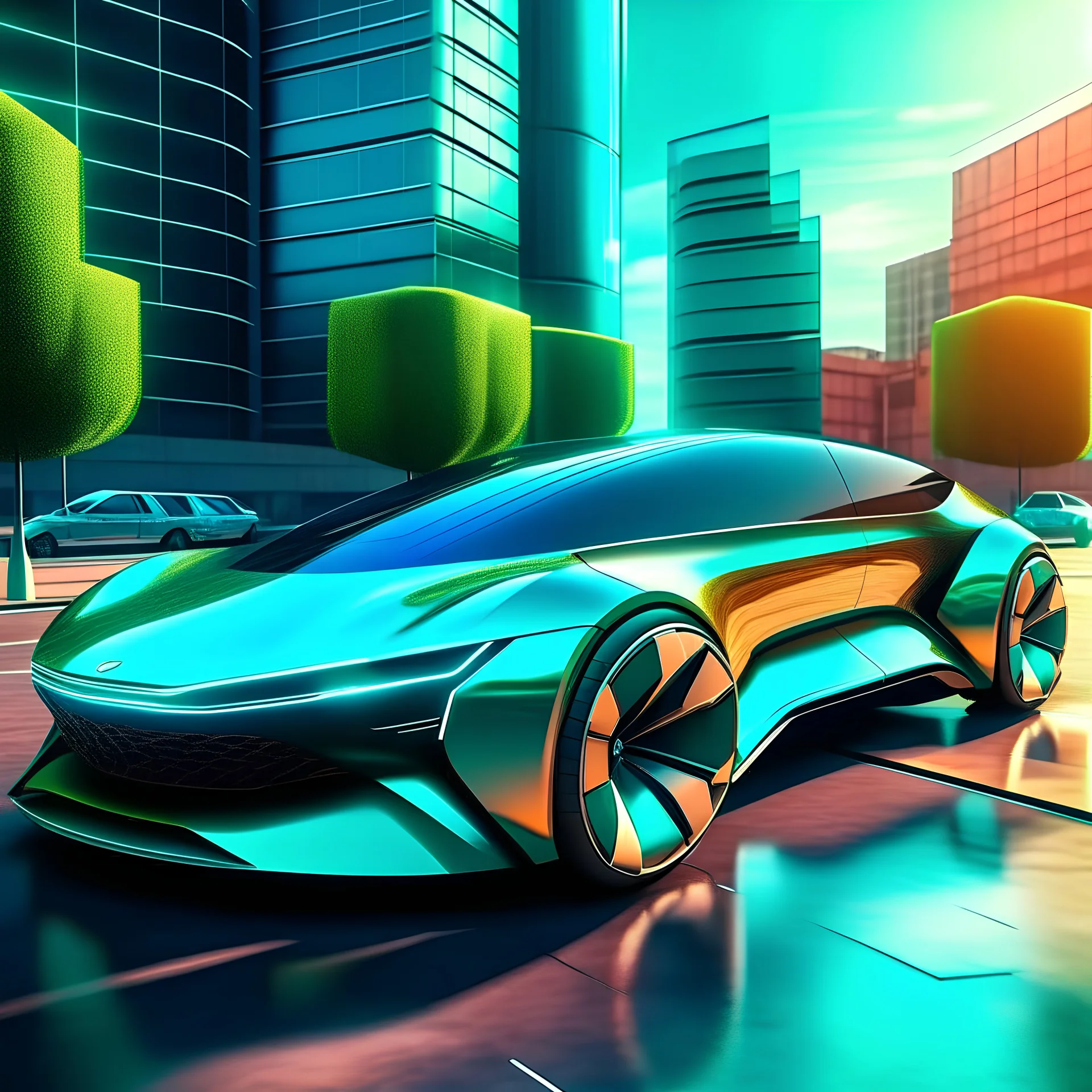 a futuristic electric car. aerodynamic coupe-SUV with gullwing doors, featuring a chameleon color scheme that changes hues depending on the viewing angle. transparent solar panel roof, dynamic lighting elements, and integrated AI assistance. e in impeccable condition. modern cityscape with futuristic buildings in the background, showcasing a sunny day where reflected light accentuates the chameleon color shifts. frontal view, slightly from above. Emphasize the innovative technological details